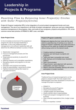Leadership in
Projects & Programs
Reaching Flow by Balancing Inner Project(s) Circles
with Outer Project(s)Circles
Project(s) /
Program
Outer Project Circle
In this immediate environment of the project(s) or
program the real art of project leadership is
applicable; in this circle traditional project
management is not sufficient; leadership skills will
determine the difference between success or failure
 Stakeholder management
 Focus on management process and line
procedures
 Organisational sensitivity & cultural fit of
characters
 Differing interests and (untangible) expectations
 Managing projects and programs is not core
business
 Perception and (mis)trust are leading
 Roles & responsibilities / governance unclear
 Highlevel decisionmaking often based on
perception/emotions
Inner Project Circle
Traditional focus of projectmanagement is on the
project or program itself: the inner project circle.
Methodologies have been developed to structure and
manage the project or programs
 PRINCE II
 Managing Successful Programs
 Theory of Constraints (TOC)
 Tangible targets and deliverables
 Clearly defined roles & responsibilities
 Project and program management is core
business
 Clear (internal) expectations (time, budget, scope
etc.)
 Focus on expertise / content
Project & Program Leadership
Bridging and aligning the inner circle with the outer
circle in a seamless way of working is our vision of
Project & Program Leadership; the project becomes a
fluid flow and can easily be modified and integrated
without losing control on the desired results
 Creating maximum transparancy
 Applying Lean techniques to projects and
programs
 Teams and team composition are crucial
 Daily Startups and immediate issue resolution
(Kaizen)
 Open communication
 Project Arena’s: quick alignment with sponsors,
stakeholders, and team members
 SteerCo becomes (bi)weekly Standup with active
participation of project members
Project & Program Leadership (PPL) is the integration of current project management trends and Lean
management. The use of our experience in all kinds of project management gives you and your stakeholders
maximum transparancy in the progress, risks, and costs of your programs, projects and portfolio’s. PPL is the
common sense best practice of PRINCE II, MSP, Lean, and Agile.
Factsheet
 