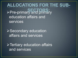 Pre-primary and primary
education affairs and
services
Secondary education
affairs and services
Tertiary education affairs
and services
 