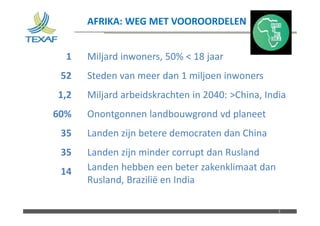 Nom du fichier – à compléter
AFRIKA: WEG MET VOOROORDELEN
3
1
52
1,2
60%
35
35
14
Miljard inwoners, 50% < 18 jaar
Steden van meer dan 1 miljoen inwoners
Miljard arbeidskrachten in 2040: >China, India
Onontgonnen landbouwgrond vd planeet
Landen zijn betere democraten dan China
Landen zijn minder corrupt dan Rusland
Landen hebben een beter zakenklimaat dan
Rusland, Brazilië en India
 