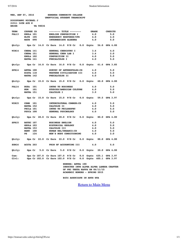 Unofficial Edmonds Community College and High School Transcripts PDF