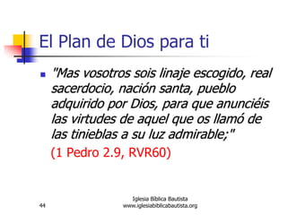 44
Iglesia Bíblica Bautista
www.iglesiabiblicabautista.org
El Plan de Dios para ti
 "Mas vosotros sois linaje escogido, real
sacerdocio, nación santa, pueblo
adquirido por Dios, para que anunciéis
las virtudes de aquel que os llamó de
las tinieblas a su luz admirable;"
(1 Pedro 2.9, RVR60)
 