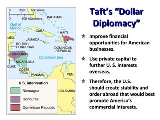 Taft’s “Dollar Diplomacy” Improve financial opportunities for American businesses. Use private capital to further U. S. interests overseas. Therefore, the U.S.  should create stability and order abroad that would best promote America’s commercial interests. 