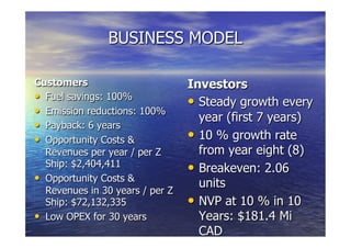 BUSINESS MODEL
Customers
  Fuel savings: 100%
  Emission reductions: 100%
  Payback: 6 years
  Opportunity Costs &
Revenues per year / per Z
Ship: $2,404,411
  Opportunity Costs &
Revenues in 30 years / per Z
Ship: $72,132,335
  Low OPEX for 30 years
Investors
  Steady growth every
year (first 7 years)
  10 % growth rate
from year eight (8)
  Breakeven: 2.06
units
  NVP at 10 % in 10
Years: $181.4 Mi
CAD
 