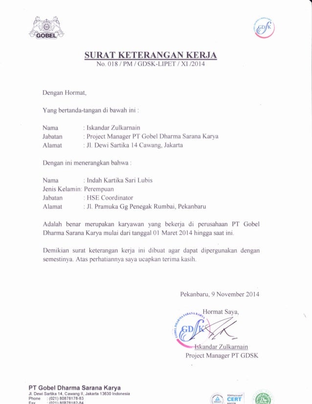 Surat Keterangan Kerja Gdsk