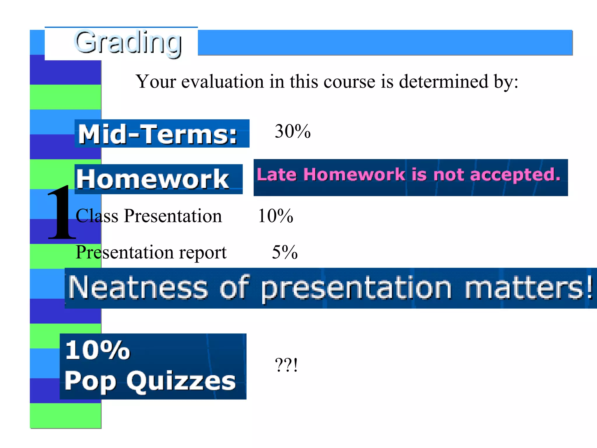??! Your evaluation in this course is determined by: 30%  Class Presentation  10% Presentation report  5% 