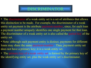 DISCRIMINATOR The  discriminator  of a weak entity set is a set of attributes that allows this distinction to be made.  For example, the discriminator of a weak entity set payment is the attribute  payment-number , since, for each loan a payment number uniquely identifies one single payment for that loan.  The discriminator of a weak entity set is also called the  partial key  of the entity set. Note: although each payment entity is distinct, payments for different loans may share the same  payment-number .  Thus, payment entity set does not have a primary key; it is a weak entity set. The  primary key of a weak entity set  is formed by the primary key of the identifying entity set, plus the weak entity set’s discriminator.  