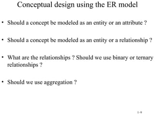 Conceptual design using the ER model Should a concept be modeled as an entity or an attribute ? Should a concept be modeled as an entity or a relationship ? What are the relationships ? Should we use binary or ternary relationships ? Should we use aggregation ? 