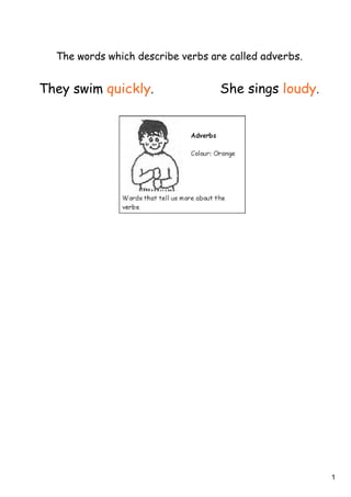 1
The words which describe verbs are called adverbs.
They swim quickly. She sings loudy.
 