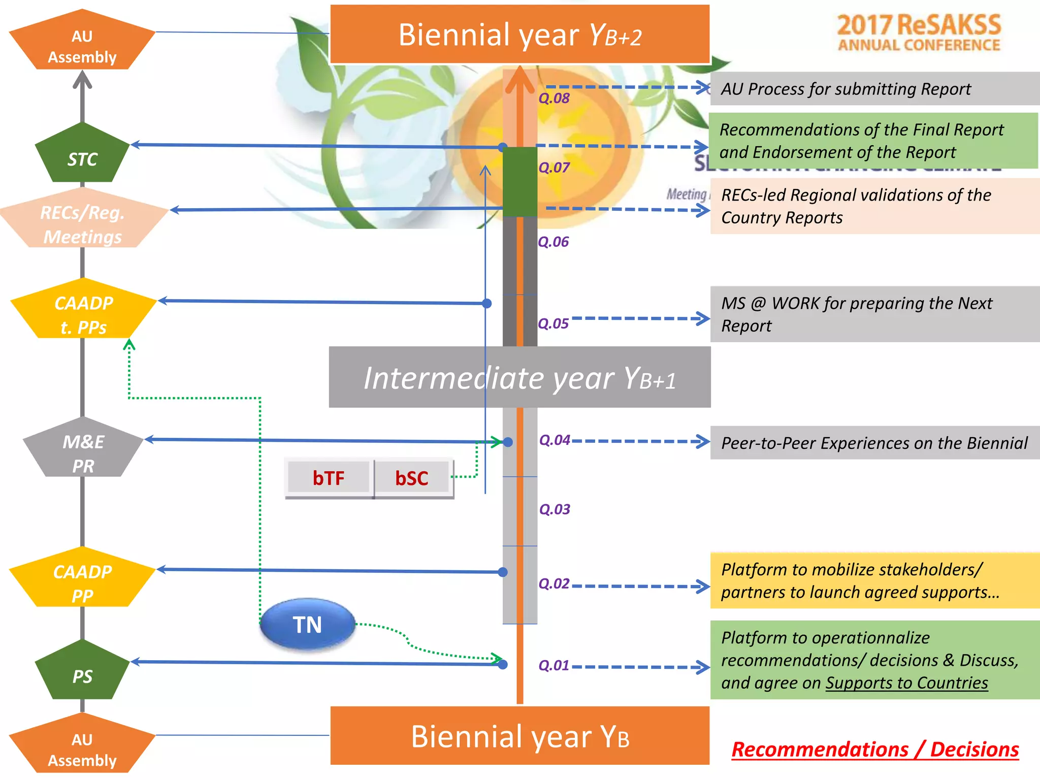 Intermediate year YB+1
Q.01
Q.02
Q.03
Q.04
Q.05
Q.06
Q.07
Q.08
Biennial year YBAU
Assembly
STC
M&E
PR
RECs/Reg.
Meetings
Biennial year YB+2AU
Assembly
Peer-to-Peer Experiences on the Biennial
MS @ WORK for preparing the Next
Report
RECs-led Regional validations of the
Country Reports
AU Process for submitting Report
Recommendations of the Final Report
and Endorsement of the Report
Platform to operationnalize
recommendations/ decisions & Discuss,
and agree on Supports to CountriesPS
CAADP
PP
Platform to mobilize stakeholders/
partners to launch agreed supports…
CAADP
t. PPs
Recommendations / Decisions
bSCbTF
TN