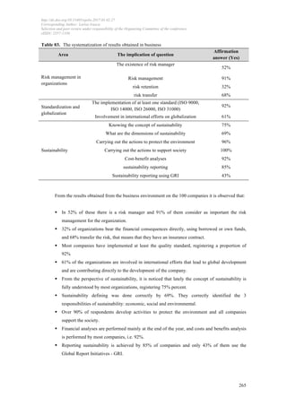 http://dx.doi.org/10.15405/epsbs.2017.01.02.27
Corresponding Author: Larisa Ivascu
Selection and peer-review under responsibility of the Organizing Committee of the conference
eISSN: 2357-1330
	
  
	
   265
Table 03. The systematization of results obtained in business
Area The implication of question
Affirmation
answer (Yes)
Risk management in
organizations
The existence of risk manager
52%
Risk management 91%
risk retention 32%
risk transfer 68%
Standardization and
globalization
The implementation of at least one standard (ISO 9000,
ISO 14000, ISO 26000, ISO 31000)
92%
Involvement in international efforts on globalization 61%
Sustainability
Knowing the concept of sustainability 75%
What are the dimensions of sustainability 69%
Carrying out the actions to protect the environment 96%
Carrying out the actions to support society 100%
Cost-benefit analyses 92%
sustainability reporting 85%
Sustainability reporting using GRI 43%
From the results obtained from the business environment on the 100 companies it is observed that:
§ In 52% of these there is a risk manager and 91% of them consider as important the risk
management for the organization.
§ 32% of organizations bear the financial consequences directly, using borrowed or own funds,
and 68% transfer the risk, that means that they have an insurance contract.
§ Most companies have implemented at least the quality standard, registering a proportion of
92%
§ 61% of the organizations are involved in international efforts that lead to global development
and are contributing directly to the development of the company.
§ From the perspective of sustainability, it is noticed that lately the concept of sustainability is
fully understood by most organizations, registering 75% percent.
§ Sustainability defining was done correctly by 69%. They correctly identified the 3
responsibilities of sustainability: economic, social and environmental.
§ Over 90% of respondents develop activities to protect the environment and all companies
support the society.
§ Financial analyses are performed mainly at the end of the year, and costs and benefits analysis
is performed by most companies, i.e. 92%.
§ Reporting sustainability is achieved by 85% of companies and only 43% of them use the
Global Report Initiatives - GRI.
 