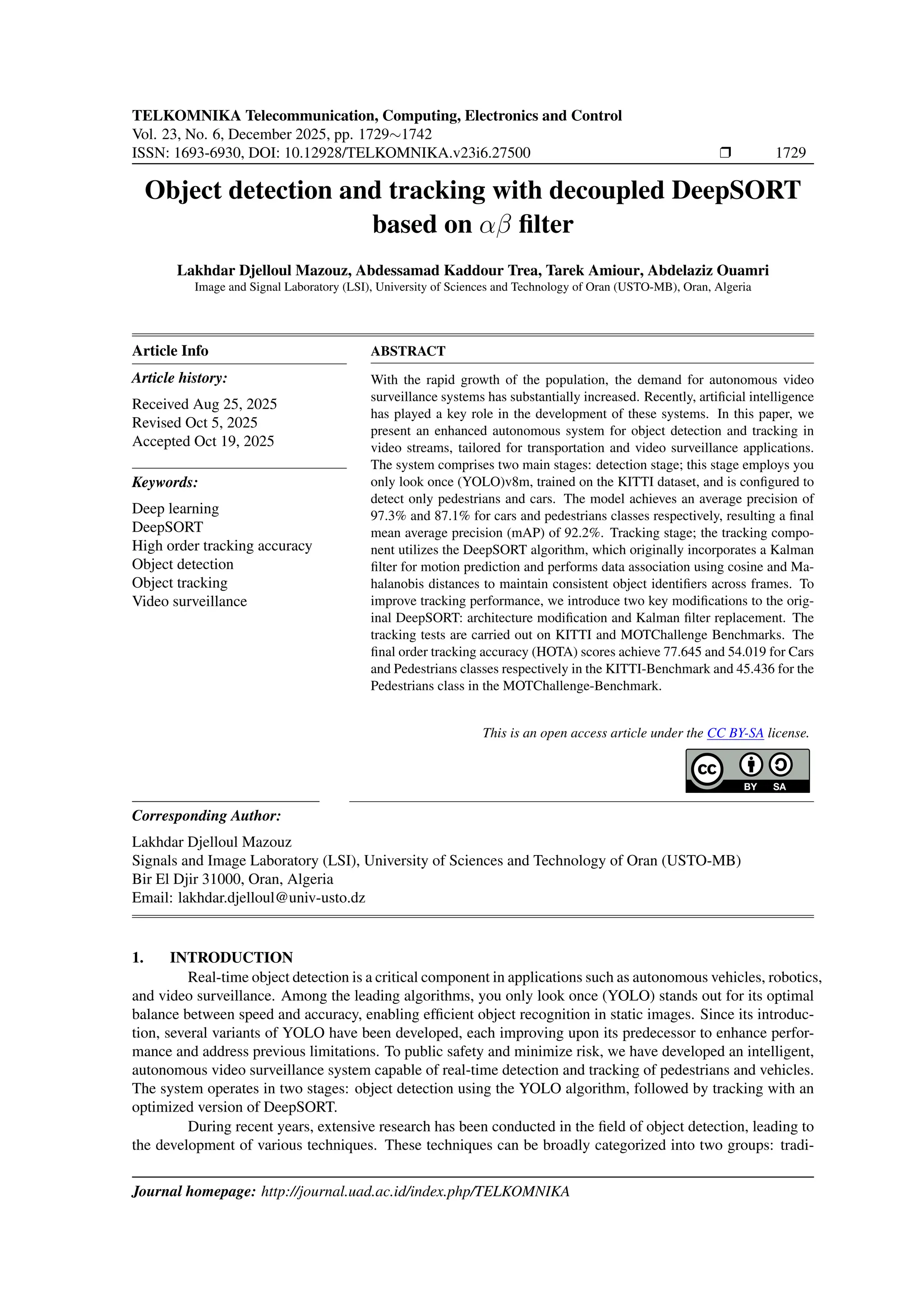 Object detection and tracking with decoupled DeepSORT based on αβ ...
