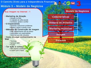 O Caminho Direto para a Independência Financeira
Módulo 3 – Modelo de Negócios
Modelo de Negócios
Características
Sistema de Afiliados
Marketing Multinível
Imagem
Sistemas
Sua Imagem na Internet - 1
• Marketing de Atração
• Atração na Web
• A rejeição da velha escola
• Conhecer, gostar e confiar
• O Especialista
• Aprenda a solucionar problemas
• Mostre o peixe e venda a vara
• Métodos de Construção de Imagem
• Pelo conhecimento que se possui
• Associação com especialistas
• Sistemas que dão soluções
• Como divulgar conhecimento na
Web
• Técnicas
• Agregue valor
• Fontes
• Ter ação e começar!
• Não espere a perfeição
• A ação cura o medo
 
