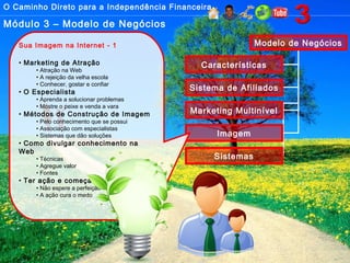 O Caminho Direto para a Independência Financeira
Módulo 3 – Modelo de Negócios
Modelo de Negócios
Características
Sistema de Afiliados
Marketing Multinível
Imagem
Sistemas
Sua Imagem na Internet - 1
• Marketing de Atração
• Atração na Web
• A rejeição da velha escola
• Conhecer, gostar e confiar
• O Especialista
• Aprenda a solucionar problemas
• Mostre o peixe e venda a vara
• Métodos de Construção de Imagem
• Pelo conhecimento que se possui
• Associação com especialistas
• Sistemas que dão soluções
• Como divulgar conhecimento na
Web
• Técnicas
• Agregue valor
• Fontes
• Ter ação e começar!
• Não espere a perfeição
• A ação cura o medo
 