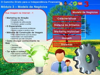 O Caminho Direto para a Independência Financeira
Módulo 3 – Modelo de Negócios
Modelo de Negócios
Características
Sistema de Afiliados
Marketing Multinível
Imagem
Sistemas
Sua Imagem na Internet - 1
• Marketing de Atração
• Atração na Web
• A rejeição da velha escola
• Conhecer, gostar e confiar
• O Especialista
• Aprenda a solucionar problemas
• Mostre o peixe e venda a vara
• Métodos de Construção de Imagem
• Pelo conhecimento que se possui
• Associação com especialistas
• Sistemas que dão soluções
• Como divulgar conhecimento na
Web
• Técnicas
• Agregue valor
• Fontes
• Ter ação e começar!
• Não espere a perfeição
• A ação cura o medo
 