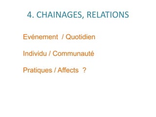 4. CHAINAGES, RELATIONS
Evénement / Quotidien
Individu / Communauté
Pratiques / Affects ?
 