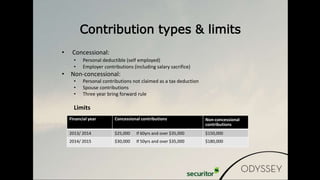 • Concessional:
• Personal deductible (self employed)
• Employer contributions (including salary sacrifice)
• Non-concessional:
• Personal contributions not claimed as a tax deduction
• Spouse contributions
• Three year bring forward rule
Limits
Contribution types & limits
Financial year Concessional contributions Non-concessional
contributions
2013/ 2014 $25,000 If 60yrs and over $35,000 $150,000
2014/ 2015 $30,000 If 50yrs and over $35,000 $180,000
 