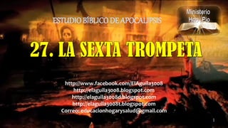 1
ESTUDIOBÍBLICO DE APOCALIPSIS
http://www.facebook.com/ElAguila3008
http://elaguila3008.blogspot.com
http://elaguila3008d.blogspot.com
http://elaguila3008t.blogspot.com
Correo: educacionhogarysalud@gmail.com
 