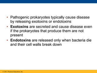 • Pathogenic prokaryotes typically cause disease
by releasing exotoxins or endotoxins
• Exotoxins are secreted and cause disease even
if the prokaryotes that produce them are not
present
• Endotoxins are released only when bacteria die
and their cell walls break down
© 2011 Pearson Education, Inc.
 