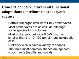 Concept 27.1: Structural and functional
adaptations contribute to prokaryotic
success
• Earth’s first organisms were likely prokaryotes
• Most prokaryotes are unicellular, although
some species form colonies
• Most prokaryotic cells are 0.5–5 µm, much
smaller than the 10–100 µm of many eukaryotic
cells
• Prokaryotic cells have a variety of shapes
• The three most common shapes are spheres
(cocci), rods (bacilli), and spirals
© 2011 Pearson Education, Inc.
 