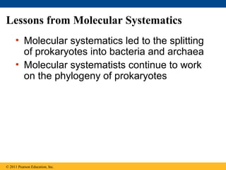 Lessons from Molecular Systematics
• Molecular systematics led to the splitting
of prokaryotes into bacteria and archaea
• Molecular systematists continue to work
on the phylogeny of prokaryotes
© 2011 Pearson Education, Inc.
 