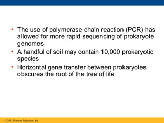 • The use of polymerase chain reaction (PCR) has
allowed for more rapid sequencing of prokaryote
genomes
• A handful of soil may contain 10,000 prokaryotic
species
• Horizontal gene transfer between prokaryotes
obscures the root of the tree of life
© 2011 Pearson Education, Inc.
 