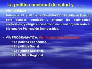 La política nacional de salud y  …… VÍA JURÍDICA Artículos 25 y 26 de la Constitución: Faculta al Estado para planear, conducir y orientar las actividades sectoriales, y dirigir el desarrollo nacional organizando el Sistema de Planeación Democrática.  VÍA PROGRAMÁTICA:  Plan Nacional de Desarrollo La política Económica. La política Social. La Política Sectorial. La Política Regional. 