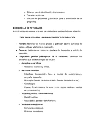 •   Criterios para la identificación de prioridades.
                •   Toma de decisiones.
                •   Solución de problemas (justificación para la elaboración de un
                    programa).


DESARROLLO DE ACTIVIDADES
A continuación se propone una guía para estructurar un diagnóstico de situación:


           GUÍA PARA DESARROLLAR UN DIAGNÓSTICO DE SITUACIÓN


   •   Nombre: Identificar de manera precisa la población objetivo (universo de
       trabajo), el lugar y la fecha de realización.
   •   Resumen (población de referencia, objetivos del diagnóstico y periodo de
       ejecución).
   •   Diagnóstico general (descripción de la situación): Identificar los
       problemas que afectan al objeto de estudio.
       •    Aspectos geográficos
            •   Ubicación, extensión y límites.
       •    Recursos naturales
            •   Edafología (composición, tipos y fuentes de contaminación),
                orografía, topografía.
            •   Hidrología (fuentes de abastecimiento, fuentes de contaminación).
            •   Climatología.
            •   Fauna y flora (presencia de fauna nociva, plagas, vectores, fuentes
                de contaminación).
       •    Aspectos político – administrativos
            •   División política.
            •   Organización política y administrativa.
       •    Aspectos demográficos
            •   Estructura poblacional.
            •   Dinámica poblaciones.
 
