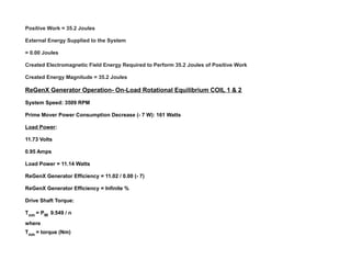 Positive Work = 35.2 Joules
External Energy Supplied to the System
= 0.00 Joules
Created Electromagnetic Field Energy Required to Perform 35.2 Joules of Positive Work
Created Energy Magnitude = 35.2 Joules
ReGenX Generator Operation- On-Load Rotational Equilibrium COIL 1 & 2
System Speed: 3509 RPM
Prime Mover Power Consumption Decrease (- 7 W): 161 Watts
Load Power:
11.73 Volts
0.95 Amps
Load Power = 11.14 Watts
ReGenX Generator Efficiency = 11.02 / 0.00 (- 7)
ReGenX Generator Efficiency = Infinite %
Drive Shaft Torque:
Tnm = PW 9.549 / n
where
Tnm = torque (Nm)
 