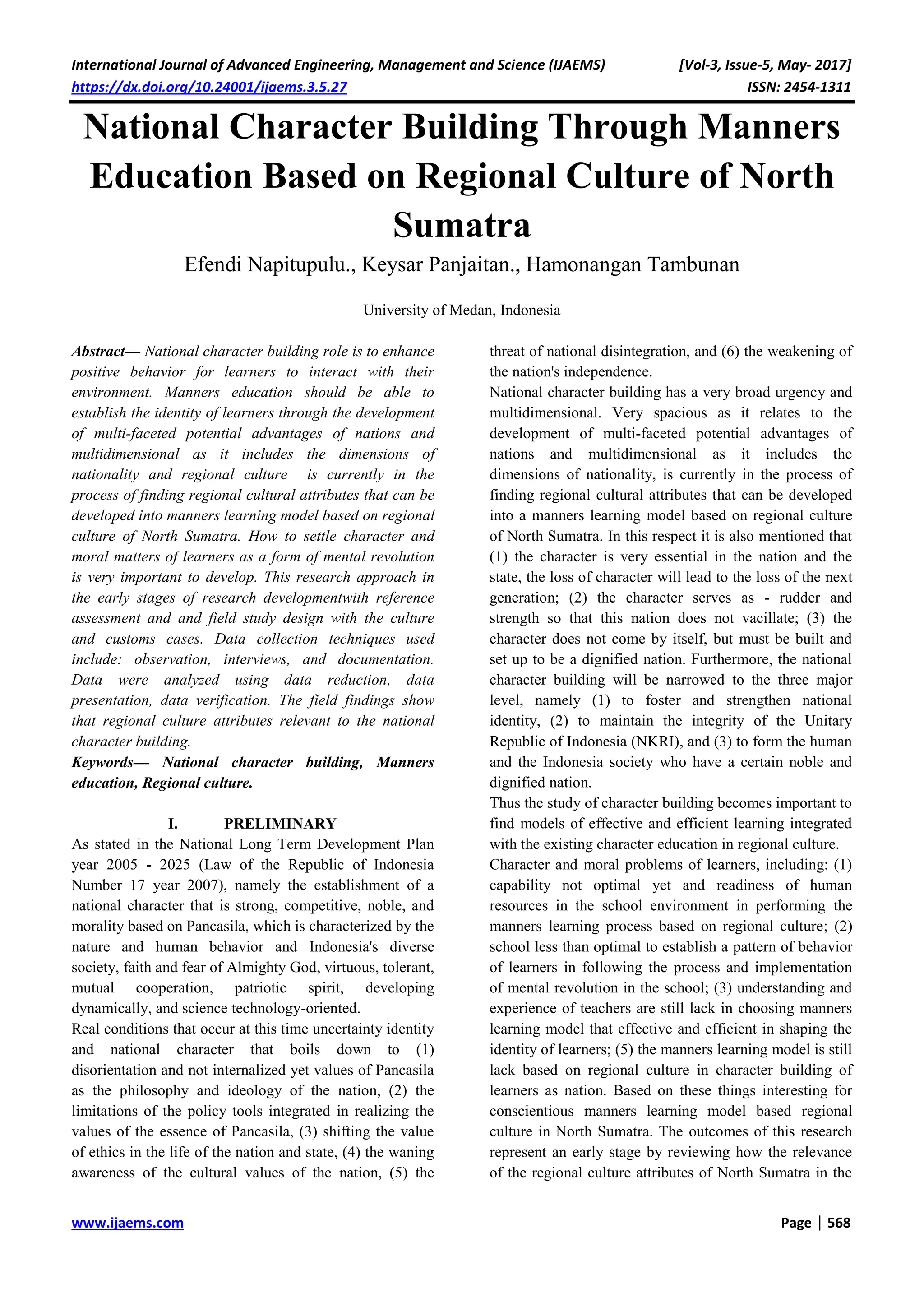 National Character Building Through Manners Education Based on Regional ...