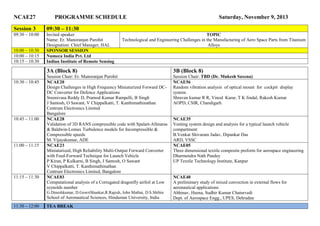 NCAE27

PROGRAMME SCHEDULE

Session 3

09:30 – 11:30

09:30 – 10:00

Invited speaker
Name: Er. Manoranjan Purohit
Designation: Chief Manager, HAL
SPONSOR SESSION
Numeca India Pvt. Ltd
Indian Institute of Remote Sensing

Saturday, November 9, 2013

10:00 – 10:30
10:00 – 10:15
10:15 – 10:30

TOPIC
Technological and Engineering Challenges in the Manufacturing of Aero Space Parts from Titanium
Alloys

3A (Block 8)
10:30 – 10:45

10:45 – 11:00

11:00 – 11:15

11:15 – 11:30

3B (Block 8)

Session Chair: Er. Manoranjan Purohit
NCAE20
Design Challenges in High Frequency Miniaturized Forward DCDC Converter for Defence Applications
Sreenivasa Reddy D, Pramod Kumar Rampelli, B Singh
J Santosh, O Sawant, V Chippalkatti, T. Kanthimathinathan
Centrum Electronics Limited
Bangalore
NCAE28
Validation of 3D RANS compressible code with Spalart-Allmaras
& Baldwin-Lomax Turbulence models for Incompressible &
Compressible speeds
M. Vijayakumar, ADE
NCAE23
Miniaturized, High Reliability Multi-Output Forward Converter
with Feed-Forward Technique for Launch Vehicle
P Kiran, P Kulkarni, B Singh, J Santosh, O Sawant
V Chippalkatti, T. Kanthimathinathan
Centrum Electronics Limited, Bangalore
NCAE03
Computational analysis of a Corrugated dragonfly airfoil at Low
reynolds number

Session Chair: TBD (Dr. Mukesh Saxena)
NCAE56
Random vibration analysis of optical mount for cockpit display
system.
Shravan kumar R R, Vinod Karar, T K Jindal, Rakesh Kumar
AOPD, CSIR, Chandigarh

G.Dineshkumar, D.GowriShankar,R.Rajesh, John Mathai, D.S.Shibin

School of Aeronautical Sciences, Hindustan University, India
11:30 – 12:00

TEA BREAK

NCAE35
Venting system design and analysis for a typical launch vehicle
compartment
B.Venkat Shivaram Jadav, Dipankar Das
ARD, VSSC
NCAE05
Three dimensional textile composite preform for aerospace engineering
Dharmendra Nath Pandey
UP Textile Technology Institute, Kanpur

NCAE40
A preliminary study of mixed convection in external flows for
aeronautical applications
Abhinav, Heena, Sudhir Kumar Chaturvedi
Dept. of Aerospace Engg., UPES, Dehradun

 
