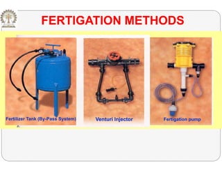 FERTIGATION METHODSFERTIGATION METHODS
Fertilizer Tank (ByFertilizer Tank (By--Pass System)Pass System) Venturi InjectorVenturi Injector Fertigation pumpFertigation pumpFertilizer Tank (ByFertilizer Tank (By--Pass System)Pass System) Venturi InjectorVenturi Injector Fertigation pumpFertigation pump
 