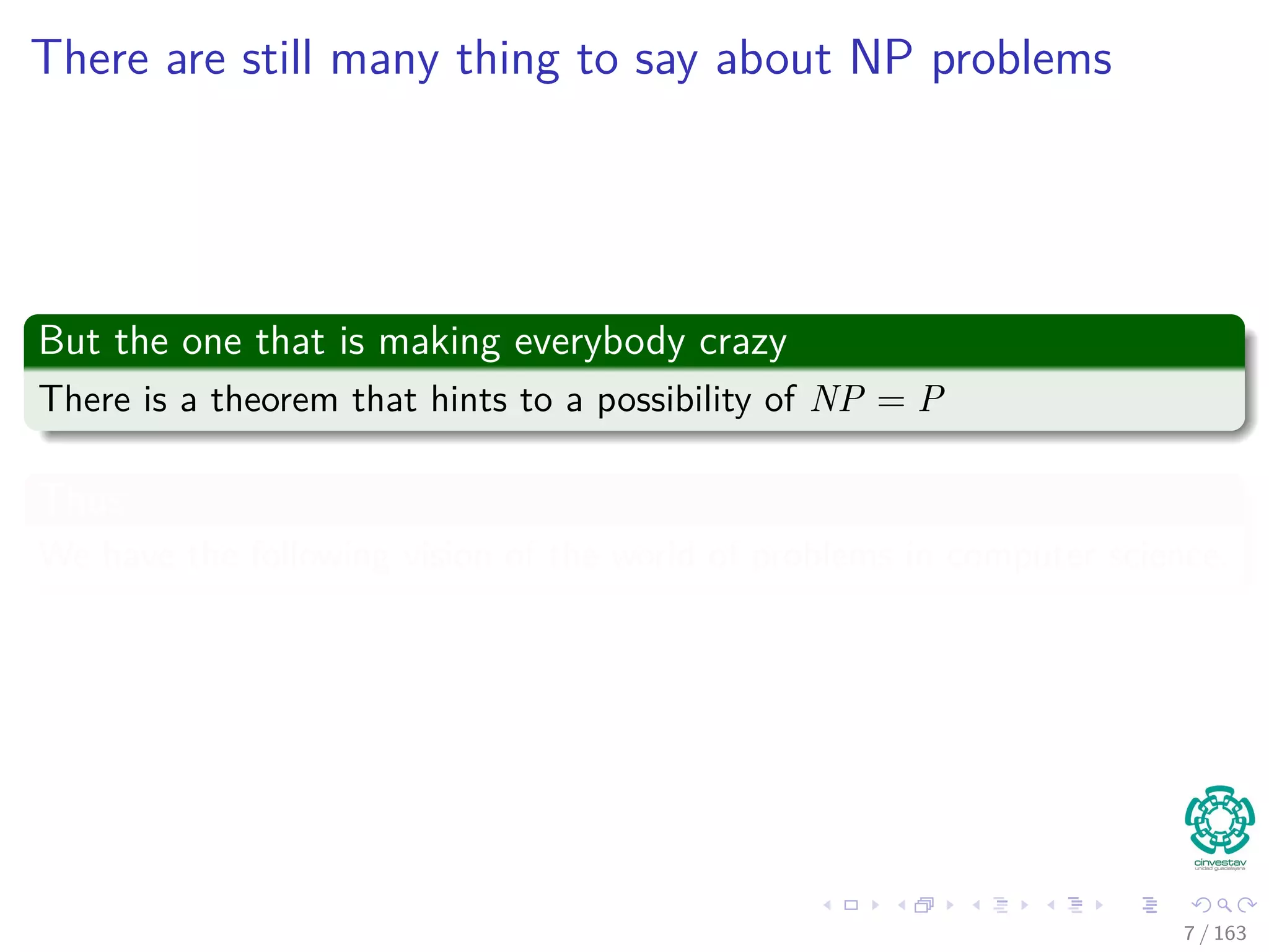 There are still many thing to say about NP problems
But the one that is making everybody crazy
There is a theorem that hints to a possibility of NP = P
Thus
We have the following vision of the world of problems in computer science.
7 / 163
 