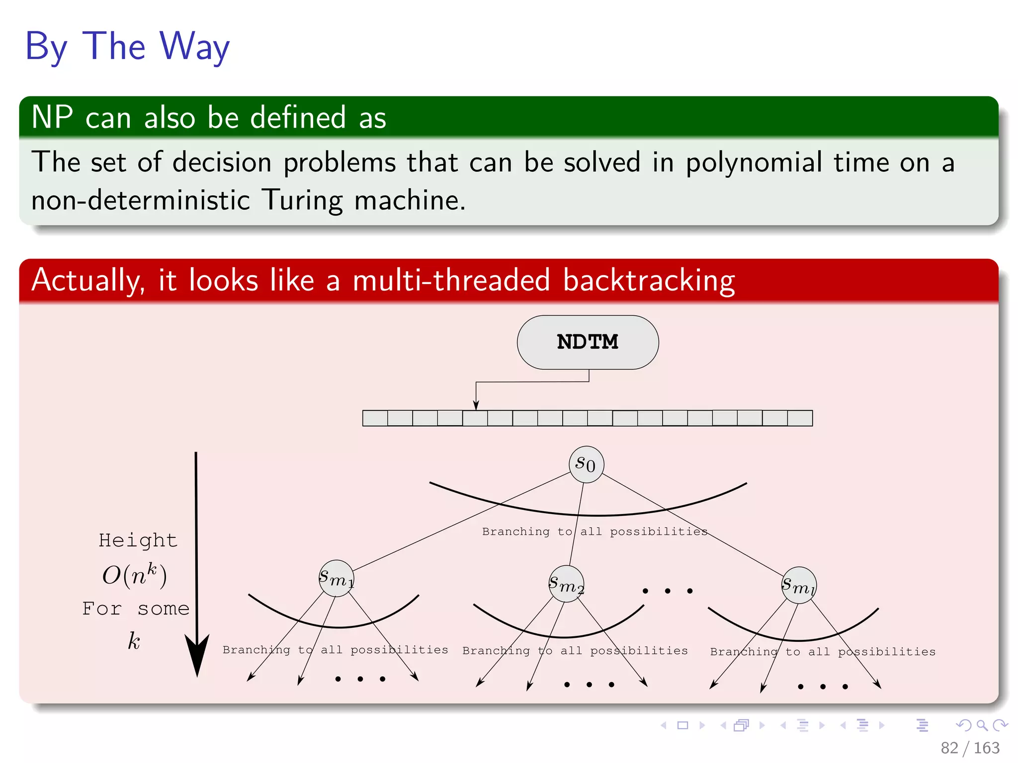 By The Way
NP can also be deﬁned as
The set of decision problems that can be solved in polynomial time on a
non-deterministic Turing machine.
Actually, it looks like a multi-threaded backtracking
Branching to all possibilities
Height
NDTM
For some
Branching to all possibilities Branching to all possibilities Branching to all possibilities
82 / 163
 