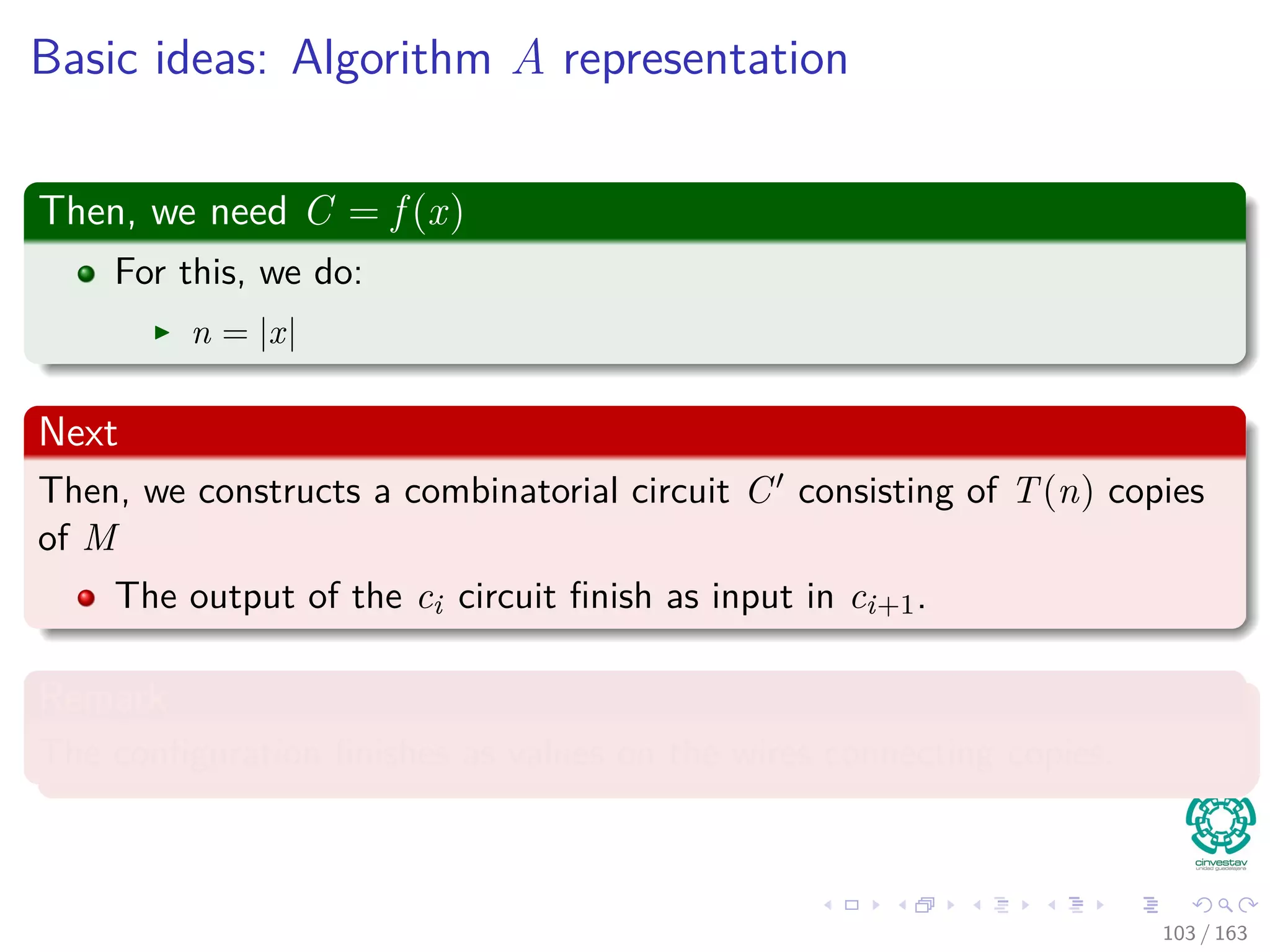Basic ideas: Algorithm A representation
Then, we need C = f (x)
For this, we do:
n = |x|
Next
Then, we constructs a combinatorial circuit C consisting of T(n) copies
of M
The output of the ci circuit ﬁnish as input in ci+1.
Remark
The conﬁguration ﬁnishes as values on the wires connecting copies.
103 / 163
 