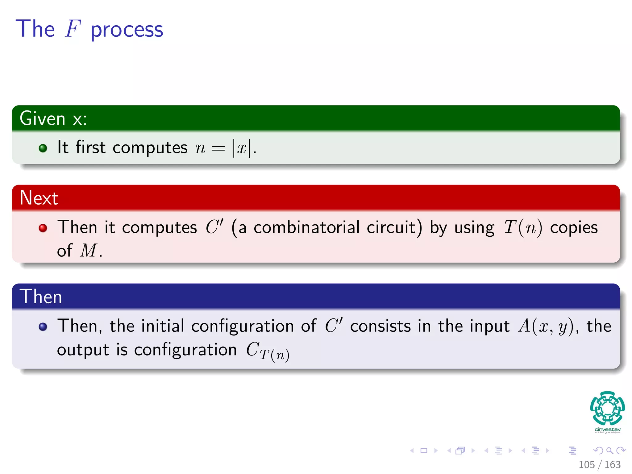 The F process
Given x:
It ﬁrst computes n = |x|.
Next
Then it computes C (a combinatorial circuit) by using T(n) copies
of M.
Then
Then, the initial conﬁguration of C consists in the input A (x, y), the
output is conﬁguration CT(n)
105 / 163
 