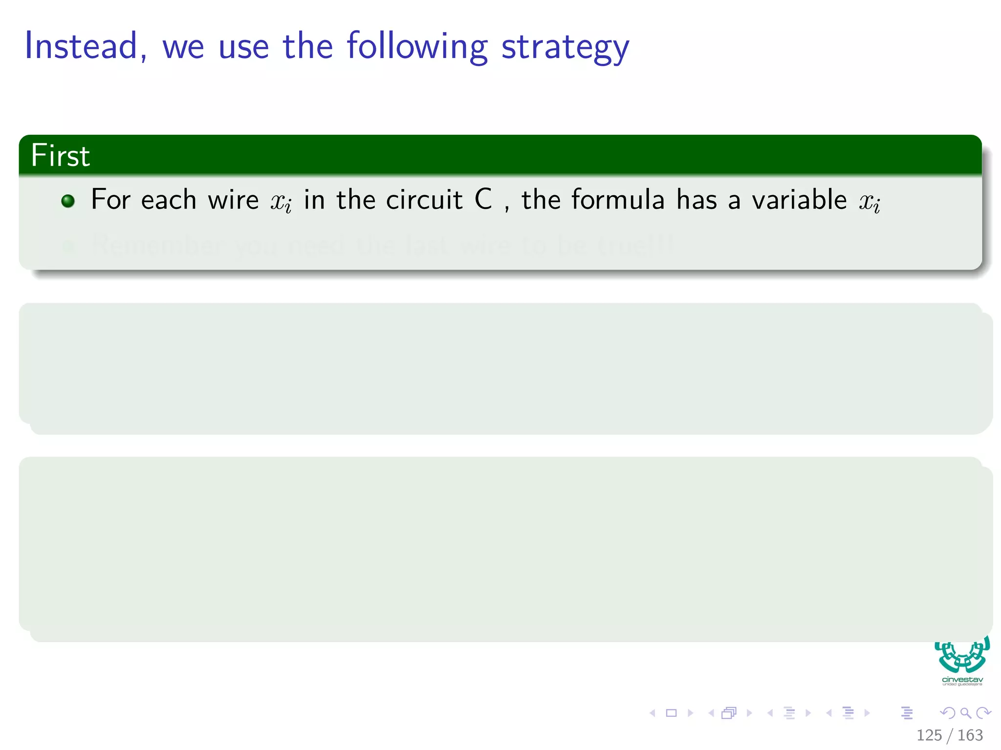 Instead, we use the following strategy
First
For each wire xi in the circuit C , the formula has a variable xi
Remember you need the last wire to be true!!!
Then
We can now express how each gate operates as a small formula involving
the variables of its incident wires.
Actually, we build a sequence of tautologies
x10 ←→ (x7 ∧ x8 ∧ x9)
We call each of these small formulas a clause.
125 / 163
 