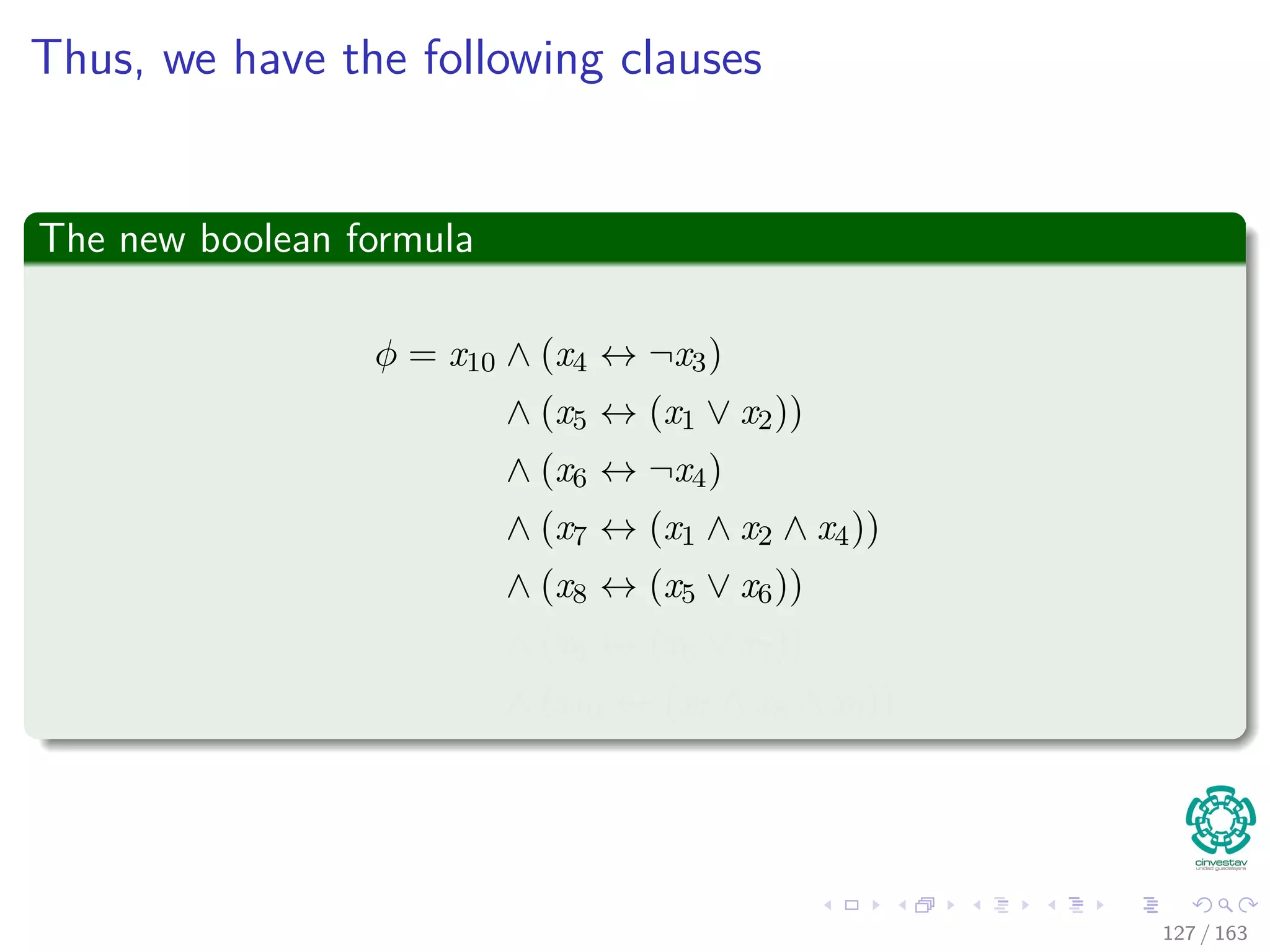 Thus, we have the following clauses
The new boolean formula
φ = x10 ∧ (x4 ↔ ¬x3)
∧ (x5 ↔ (x1 ∨ x2))
∧ (x6 ↔ ¬x4)
∧ (x7 ↔ (x1 ∧ x2 ∧ x4))
∧ (x8 ↔ (x5 ∨ x6))
∧ (x9 ↔ (x6 ∨ x7))
∧ (x10 ↔ (x7 ∧ x8 ∧ x9))
127 / 163
 