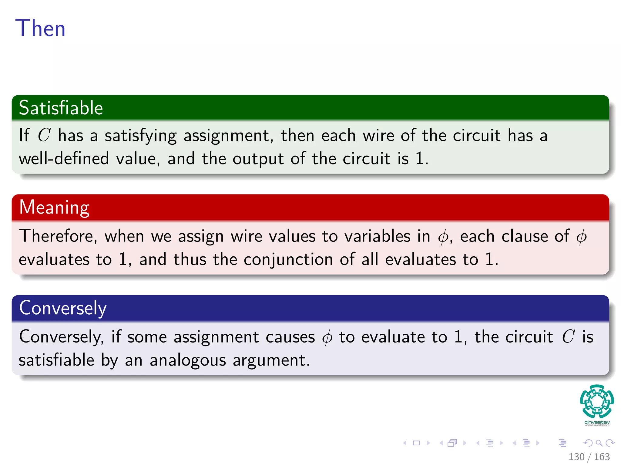 Then
Satisﬁable
If C has a satisfying assignment, then each wire of the circuit has a
well-deﬁned value, and the output of the circuit is 1.
Meaning
Therefore, when we assign wire values to variables in φ, each clause of φ
evaluates to 1, and thus the conjunction of all evaluates to 1.
Conversely
Conversely, if some assignment causes φ to evaluate to 1, the circuit C is
satisﬁable by an analogous argument.
130 / 163
 