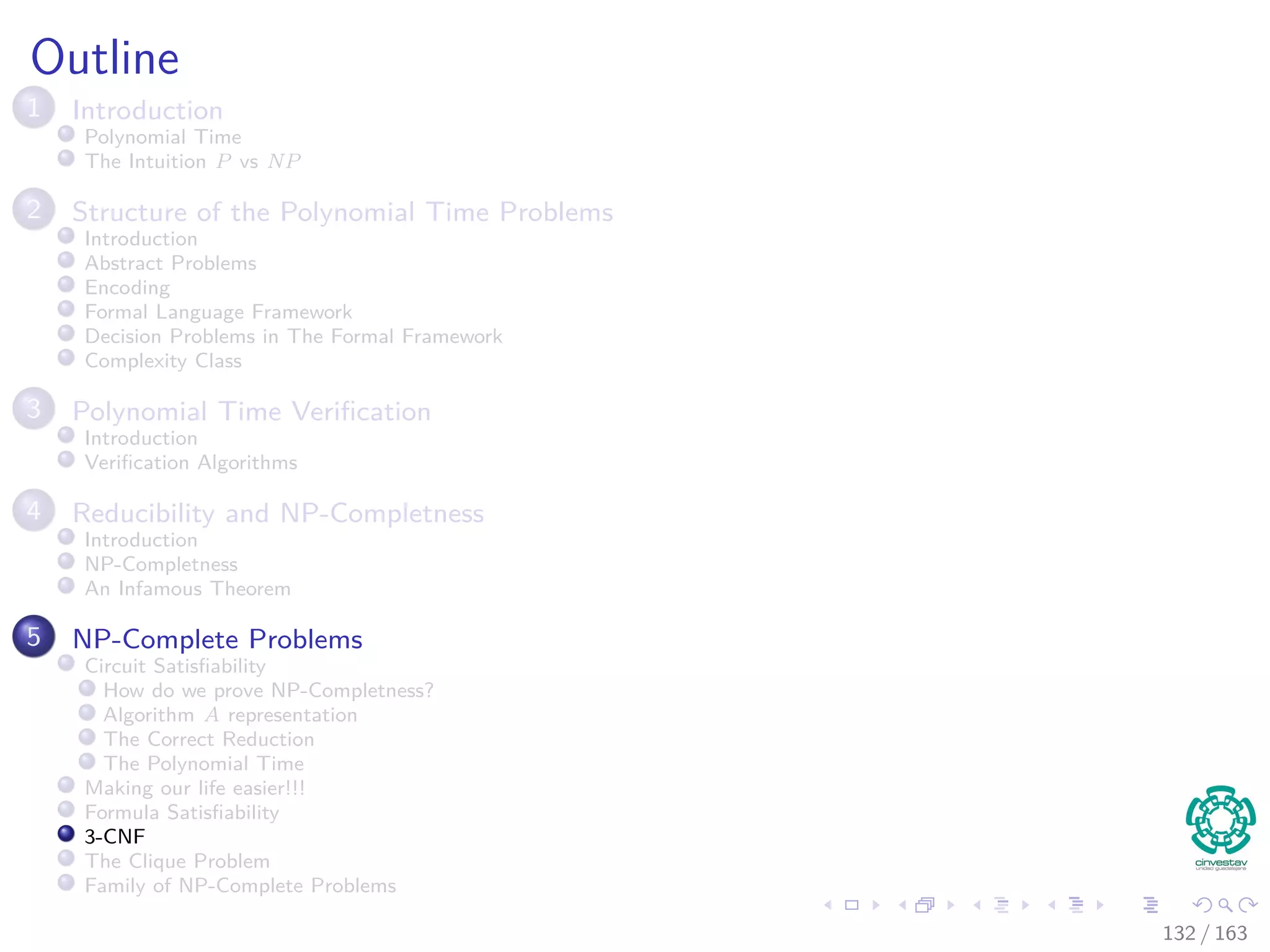 Outline
1 Introduction
Polynomial Time
The Intuition P vs NP
2 Structure of the Polynomial Time Problems
Introduction
Abstract Problems
Encoding
Formal Language Framework
Decision Problems in The Formal Framework
Complexity Class
3 Polynomial Time Veriﬁcation
Introduction
Veriﬁcation Algorithms
4 Reducibility and NP-Completness
Introduction
NP-Completness
An Infamous Theorem
5 NP-Complete Problems
Circuit Satisﬁability
How do we prove NP-Completness?
Algorithm A representation
The Correct Reduction
The Polynomial Time
Making our life easier!!!
Formula Satisﬁability
3-CNF
The Clique Problem
Family of NP-Complete Problems
132 / 163
 