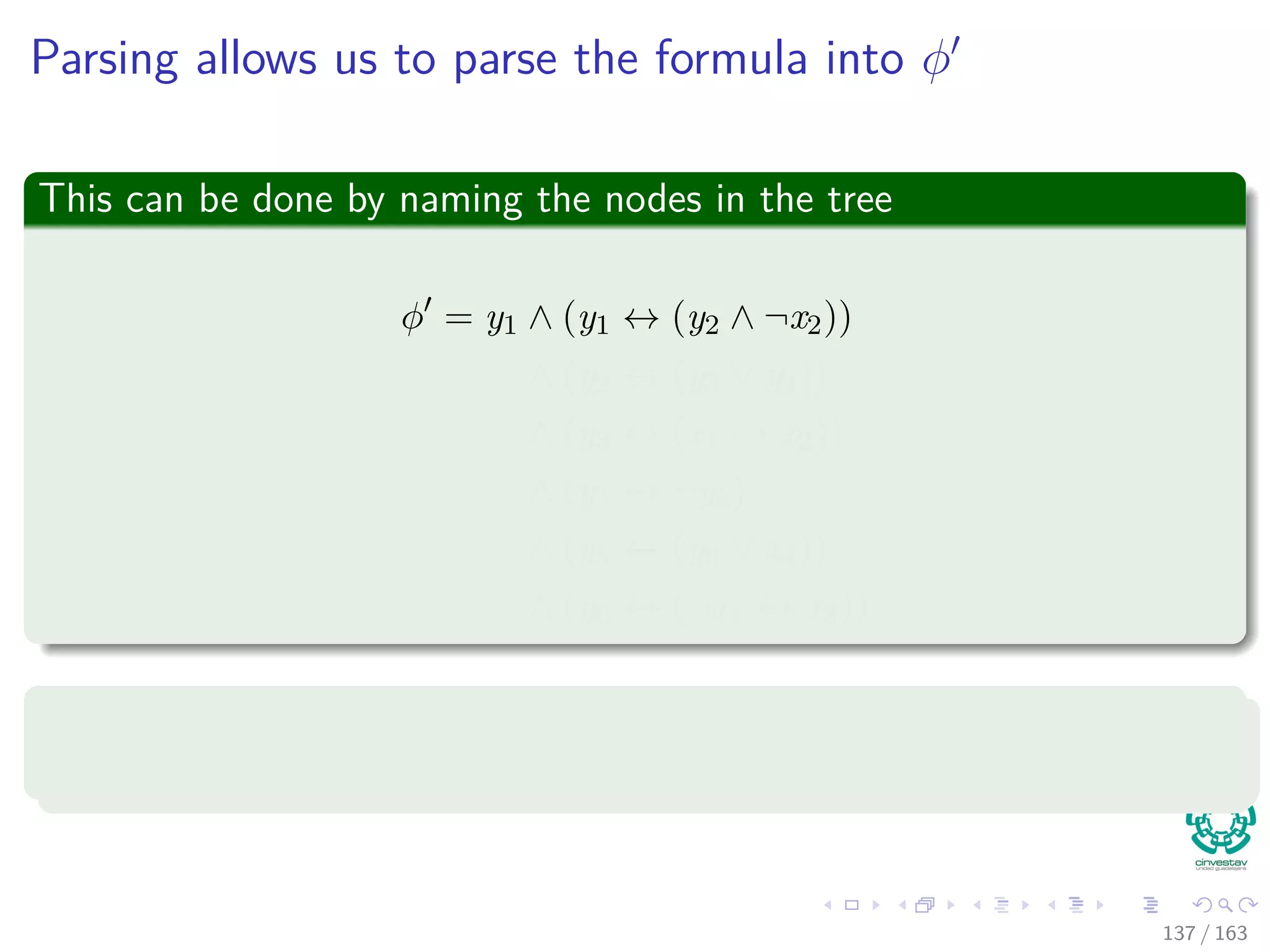 Parsing allows us to parse the formula into φ
This can be done by naming the nodes in the tree
φ = y1 ∧ (y1 ↔ (y2 ∧ ¬x2))
∧ (y2 ↔ (y3 ∨ y4))
∧ (y3 ↔ (x1 → x2))
∧ (y4 ↔ ¬y5)
∧ (y5 ↔ (y6 ∨ x4))
∧ (y6 ↔ (¬x1 ↔ x3))
Problem
We still not have the disjunctive parts... What can we do?
137 / 163
 