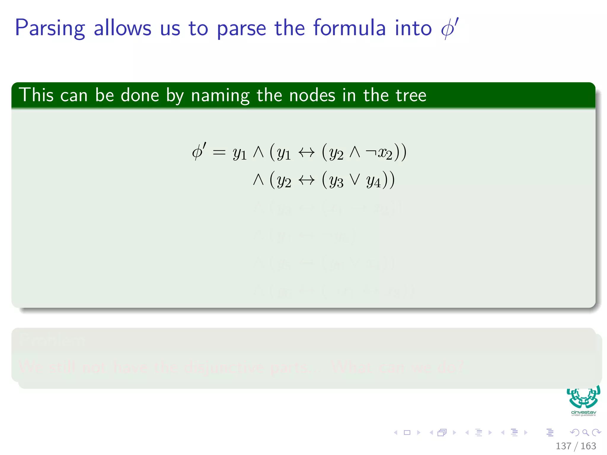 Parsing allows us to parse the formula into φ
This can be done by naming the nodes in the tree
φ = y1 ∧ (y1 ↔ (y2 ∧ ¬x2))
∧ (y2 ↔ (y3 ∨ y4))
∧ (y3 ↔ (x1 → x2))
∧ (y4 ↔ ¬y5)
∧ (y5 ↔ (y6 ∨ x4))
∧ (y6 ↔ (¬x1 ↔ x3))
Problem
We still not have the disjunctive parts... What can we do?
137 / 163
 
