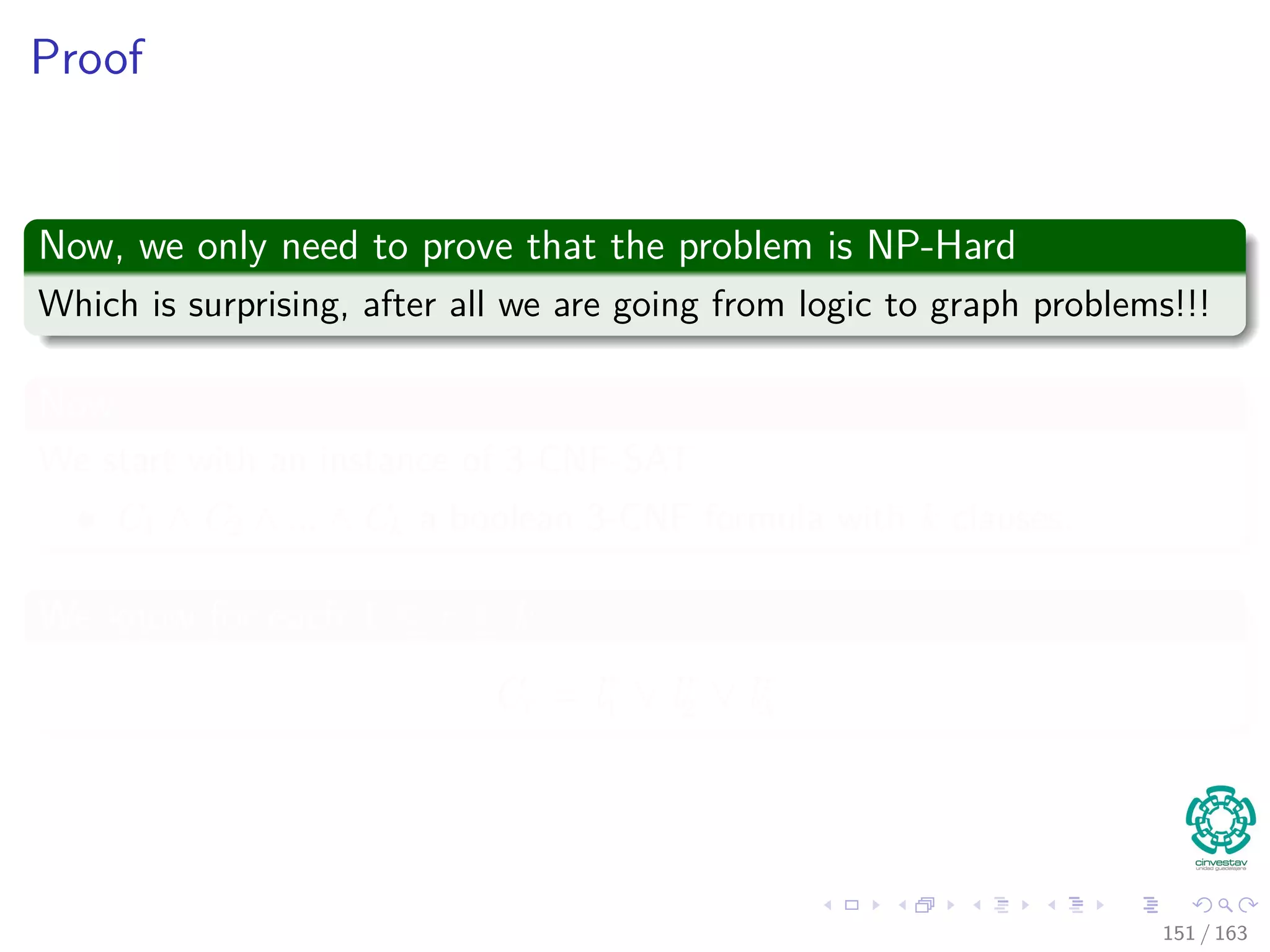 Proof
Now, we only need to prove that the problem is NP-Hard
Which is surprising, after all we are going from logic to graph problems!!!
Now
We start with an instance of 3-CNF-SAT
C1 ∧ C2 ∧ ... ∧ Ck a boolean 3-CNF formula with k clauses.
We know for each 1 ≤ r ≤ k
Cr = lr
1 ∨ lr
2 ∨ lr
3
151 / 163
 