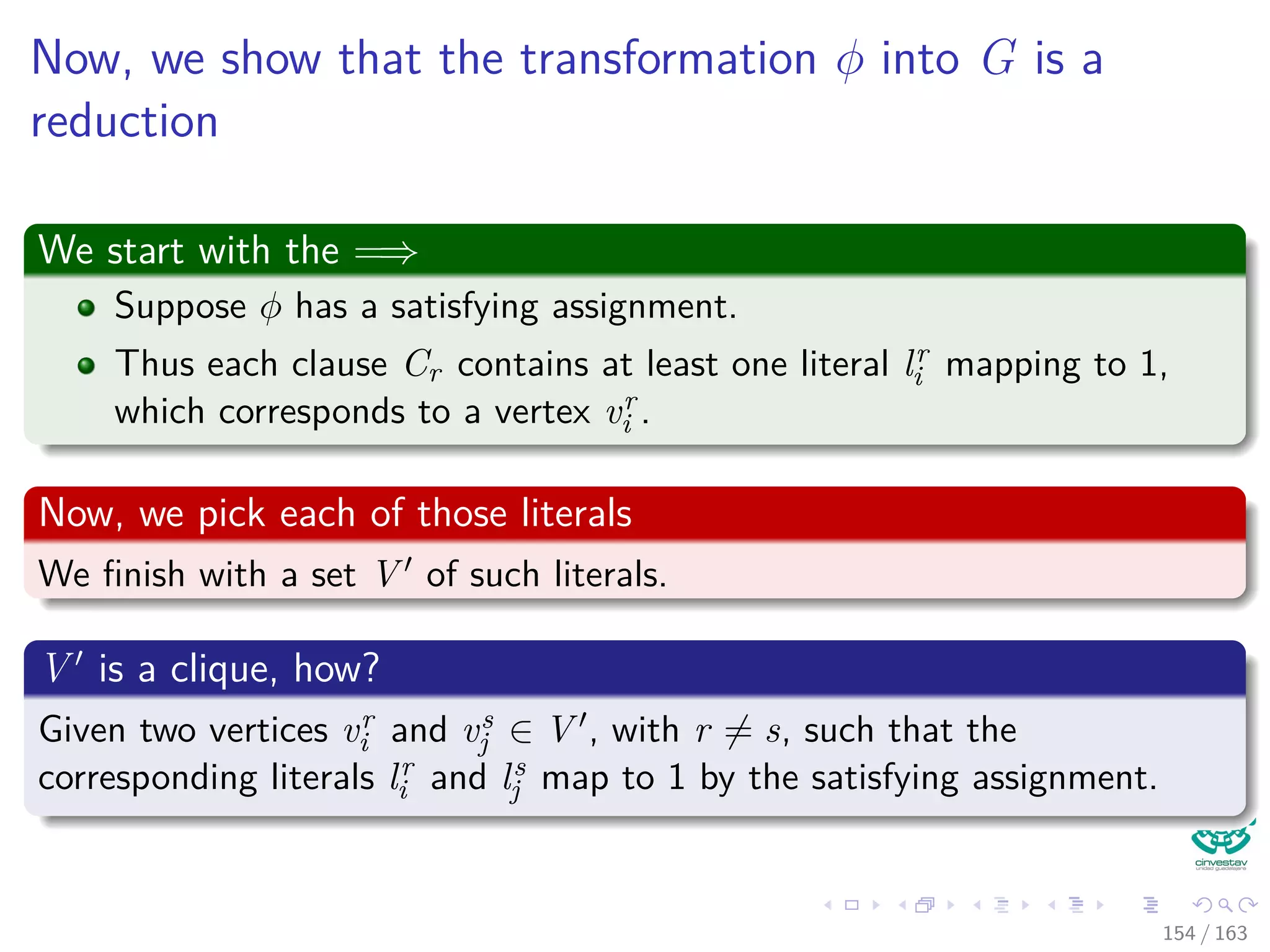 Now, we show that the transformation φ into G is a
reduction
We start with the =⇒
Suppose φ has a satisfying assignment.
Thus each clause Cr contains at least one literal lr
i mapping to 1,
which corresponds to a vertex vr
i .
Now, we pick each of those literals
We ﬁnish with a set V of such literals.
V is a clique, how?
Given two vertices vr
i and vs
j ∈ V , with r = s, such that the
corresponding literals lr
i and ls
j map to 1 by the satisfying assignment.
154 / 163
 