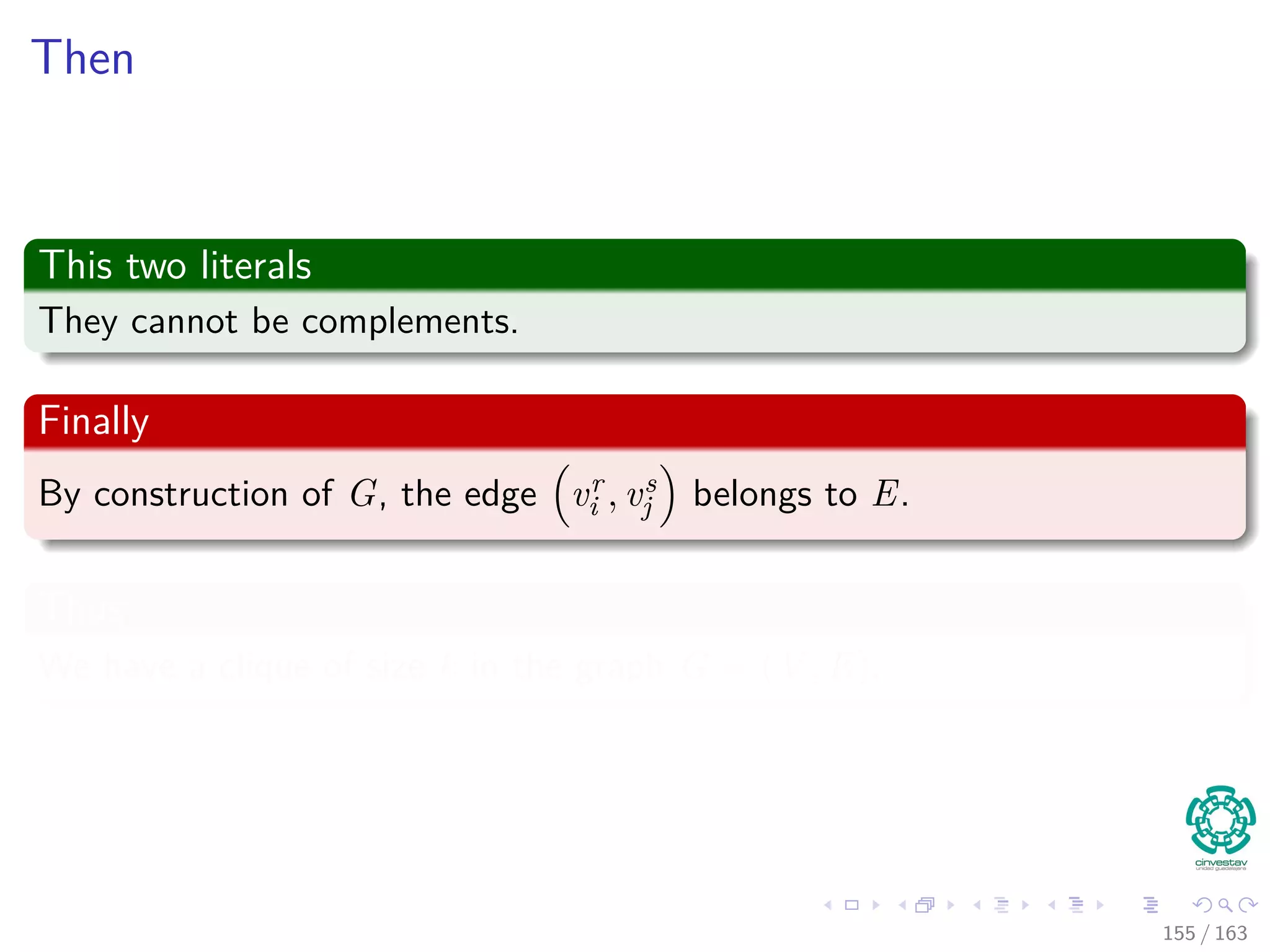 Then
This two literals
They cannot be complements.
Finally
By construction of G, the edge vr
i , vs
j belongs to E.
Thus
We have a clique of size k in the graph G = (V , E).
155 / 163
 