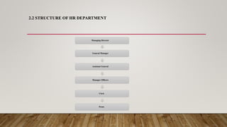 2.2 STRUCTURE OF HR DEPARTMENT
Peons
General Manager
Clerk
Managing Director
Assistant General
Manager Officers
 