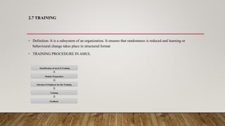 2.7 TRAINING
• Definition: It is a subsystem of an organization. It ensures that randomness is reduced and learning or
behavioural change takes place in structured format
• TRAINING PROCEDURE IN AMUL
Identification of need of Training
Module Preparation
Selection of Employee for the Training
Training
Feedback
 