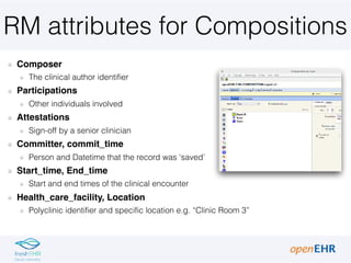 RM attributes for Compositions
Composer
The clinical author identifier
Participations
Other individuals involved
Attestati...
