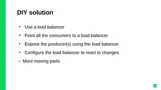 DIY solution
●
Use a load balancer
●
Point all the consumers to a load balancer
●
Expose the producer(s) using the load balancer
●
Configure the load balancer to react to changes
→ More moving parts
30
 