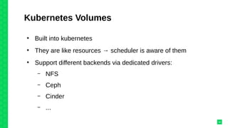 Kubernetes Volumes
●
Built into kubernetes
●
They are like resources → scheduler is aware of them
●
Support different backends via dedicated drivers:
– NFS
– Ceph
– Cinder
– ...
38
 