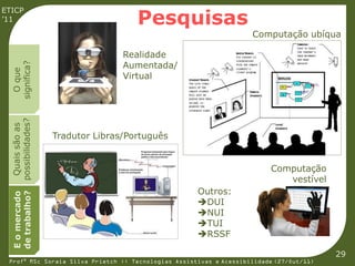 Pesquisas
ETICP
’11

                                                                    Computação ubíqua

                                   Realidade
                                   Aumentada/
  significa?
    O que




                                   Virtual
  possibilidades?
   Quais são as




                    Tradutor Libras/Português


                                                                         Computação
                                                                            vestível
                                                     Outros:
  de trabalho?
  E o mercado




                                                     DUI
                                                     NUI
                                                     TUI
                                                     RSSF

                                                                                         29
 Profª MSc Soraia Silva Prietch :: Tecnologias Assistivas e Acessibilidade (27/Out/11)
 